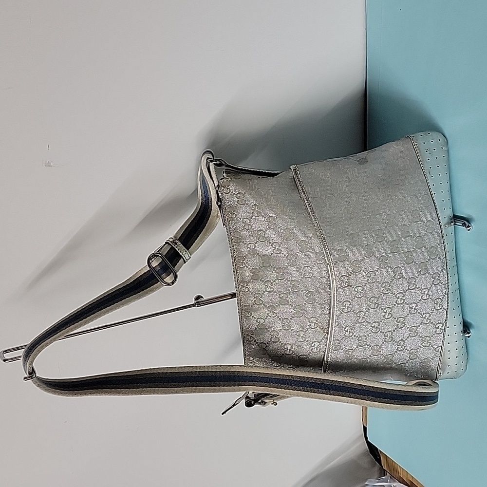 GUCCI GG Canvas Sherry Line Shoulder Bag Silver Blue Silvery Grey Zip Messanger